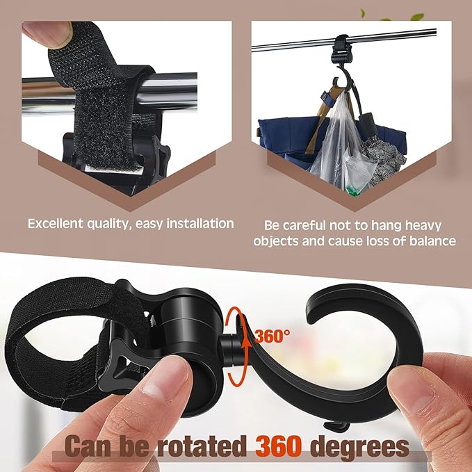 Taiyin 4 Pcs Walker Hook Hanging Multipurpose 360° Rotation Stroller Clip Diaper Bag Hanger for Walker Rollator Crutches Wheelchair Shopping Cart Car Back Seat Purses Bike Wheelchair Pushchair, Black