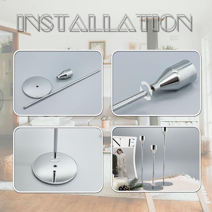 3Pcs Silver Candlestick Holders Set Fit 3/4" Tall Taper Candle Home Decorative Table Centerpieces for Family Dinning, Party Decoration