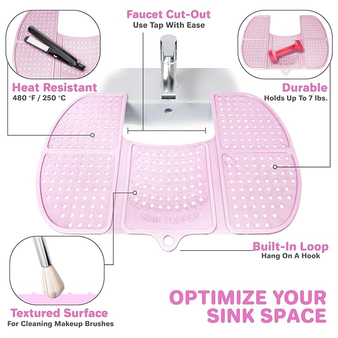 Sink Topper Bathroom Sink Cover for Counter Space & Storage Saver | RV Must Haves | Silicone Foldable Beauty Makeup Brush Cleaning Mat | Hot Tools Organizer | RV Sink Cover | Large, Pink