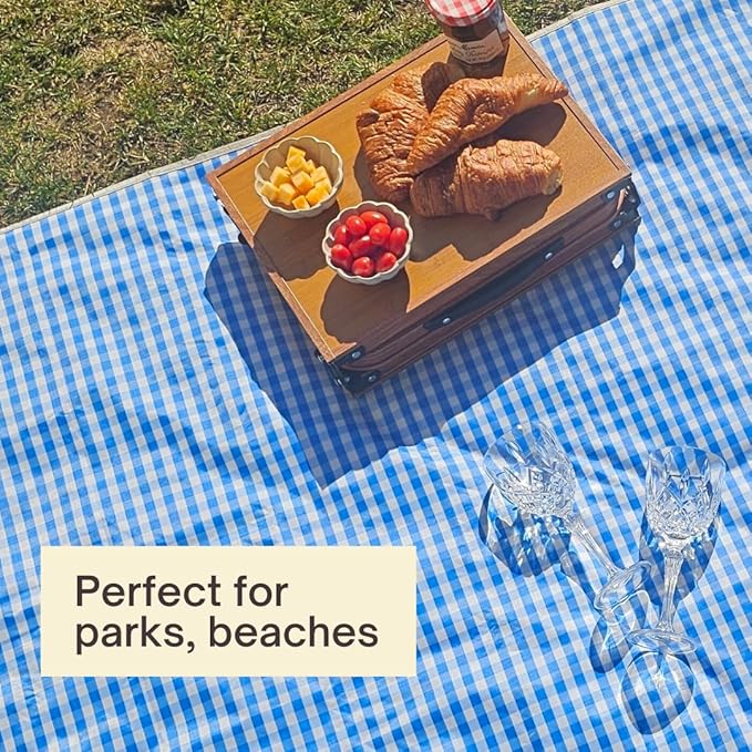 Cute Gingham Picnic Blanket, Waterproof Foldable, in Large 80x60in and Extra Large 80x80in, Portable Compact Beach Blanket, Oversized XL Outdoor Mat