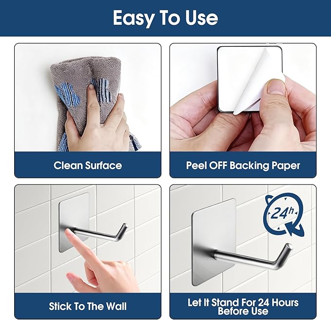 Hawsam 6 Pack Self Adhesive Wall Hooks for Hanging Heavy Duty 44LB/20kg(Max) Adhesive Towel Hooks for Bathroom Silver Towel Robe Coat Hook 304 Stainless Steel Sticky Hooks for Hanging Shaver,Hat