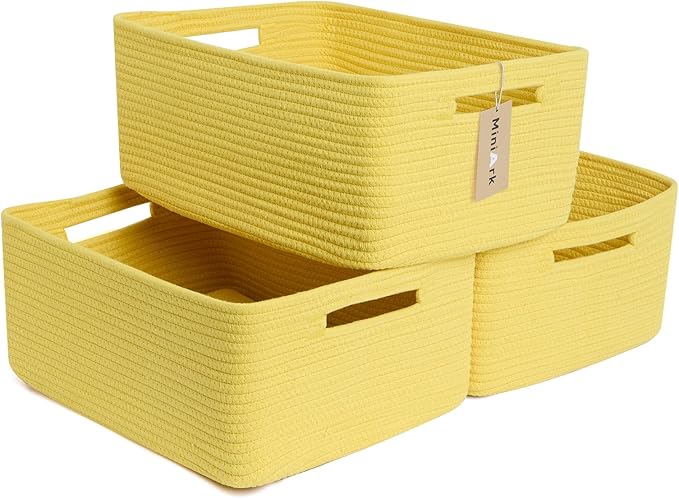 MiniArk Large Storage Baskets for Shelves, Closet Organizer Bins for Clothes, Blanket, Towels, Baby Nursery, Toy Baskets Box, Woven Rope Baskets, 17 x 13 x 7.5”, 3 Packs Yellow