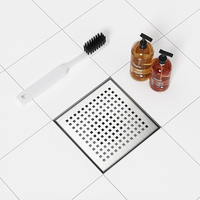Neodrain 6-Inch Square Shower Drain with Removable Quadrato Pattern Grate, PVC Shower Drain Base and Rubber Gasket for Bathroom Floor Drain, Brushed 304 Stainless Steel, Includes Hair Strainer