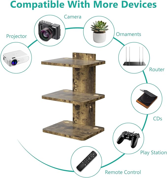 WALI Floating TV Shelf, 3 Tier Projector Shelf for DVD Player, Routers, Game Console, Cable Boxes, Living Room Decor Accessories, Wall Mount Shelves Holds Up to 22lbs(CS303NC), 3-Shelf, Vintage Brown
