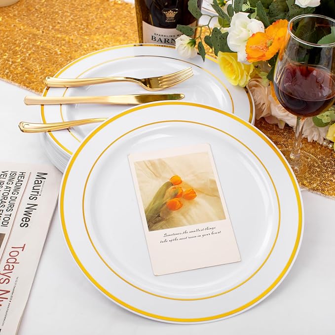FLOWERCAT 60PCS Gold Plastic Plates - Heavy Duty White and Gold Plastic Plates Disposable for New Year Party/Wedding - Include 30PCS 10.25" Dinner Plates and 30PCS 7.5" Dessert Plates