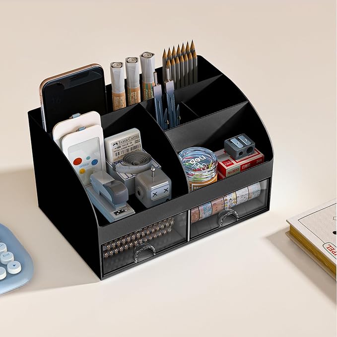 Desk Organizer with 6 Compartments and 2 Drawers, Plastic Makeup Organizer, Pen Holder for Desktop Storage, Desk Organization for School, Home, Office Supplies (Black)