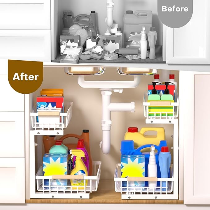 ZELOREA Under Sink Organizer, 2-Tier Pull-Out Under-Sink Shelves, Adjustable Height (13.8" -16.9"), Sturdy Metal Storage Organizer for Bathroom Kitchen Pantry Cabinet (2 Packs, White)