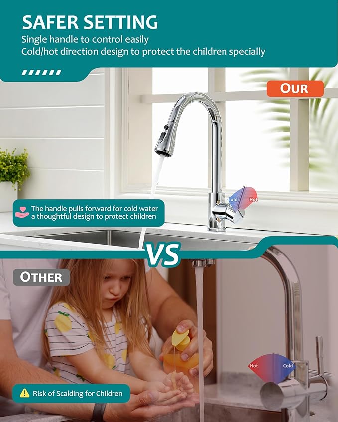 Chrome Kitchen Sink Faucet, Kitchen Faucet with Pull Down Sprayer VFAUOSIT Commercial Stainless Steel Laundry Single Handle Faucet for Kitchen Sink Chrome, Grifo para Fregaderos de Cocina