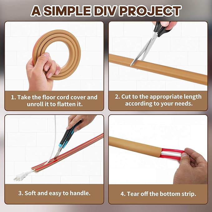 Floor Cord Cover, Floor Cable Cover, Cord Hider Floor, Soft PVC Self Adhesive, Extension Cord Covers for Floor, Prevent Cable Trips,for Offices, Gyms, Exhibitions (Light Brown, 10feet)