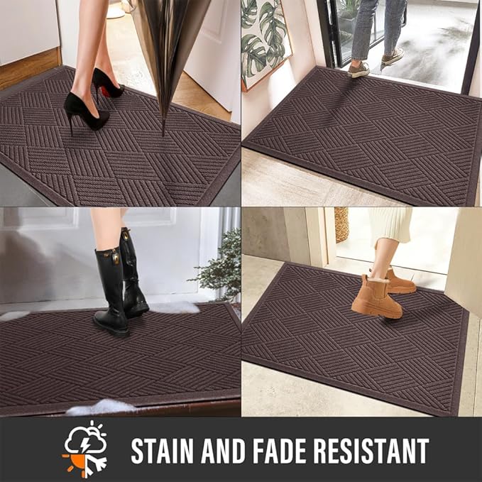Sturdy Front Door Mat, Absorbent Muddy Dirt Resist Welcome Door Mats Outdoor Indoor, Stain and Fade Resistant, Non-Slip Rubber Backing Low Profile Doormat for Entryway, 36×24, Coffee