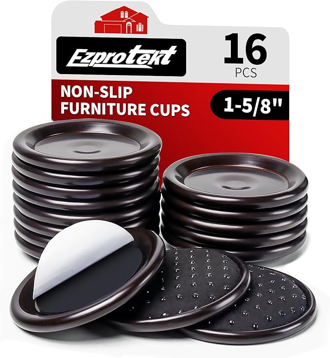 Ezprotekt 1 5/8" Non Slip Furniture Pads, 16 Pcs Anti Slip Furniture Caster Cups, Furniture Coasters for Hardwood Floors, Furniture Stoppers to Prevent Sliding - Prevent Floors Scratches, Brown/Black