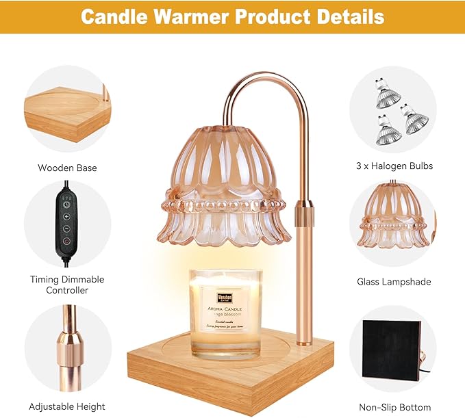 Candle Warmer Lamp, Candle Warmer Lamp Adjustable Height, Candle Warmer Light with Timer & Dimmer, Compatible with Jar Scented Candles, Flower Candle Warmer with 3 Bulbs for Home Decor