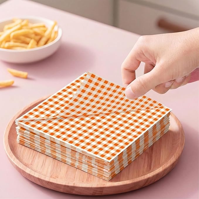 100pcs Waxed Deli Paper Sheets, 7x7" Food Basket Liners for Sandwiches, Burgers. Classic Checkered Deli Wrap Wax Paper Sheets by Neyimqr (Orange)
