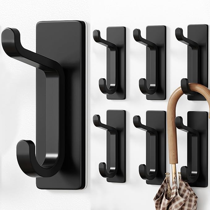 Self Adhesive Wall Hooks for Hanging: Extra Strong 13 LB, Hook for Coat, Towel in Bathrooms, Shower, Kitchen, Wall, Door Hook, Black 6 Pack