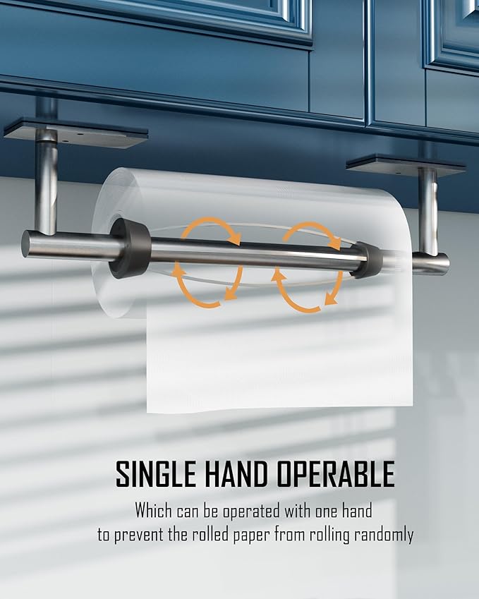 BATHDANCE Paper Towel Holder Under Cabinet, Single Hand Operable Easy Tear Wall Mount with Damping Effect, Self-Adhesive or Drilled for Kitchen Bathroom (Silver)