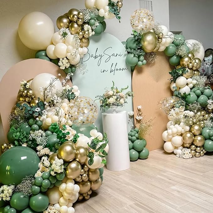 MEBAY Sage Green White Gold Balloon Arch Kit, 166Pcs Sage Green White Sand Gold Metallic and Gold Confetti Balloons Garland for Baby Shower Gender Reveal Wedding Jungle Safari Party Decoration