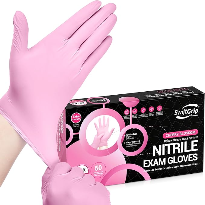 SwiftGrip Nitrile Exam Gloves, 4 Mil, Cherry Blossom, Food Safe Gloves Disposable Latex Free, Powder Free