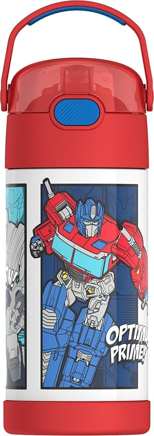 THERMOS FUNTAINER Water Bottle with Straw - 12 Ounce - Kids Stainless Steel Vacuum Insulated Water Bottle with Lid, Transformers