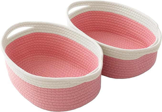 Woven Basket, Small Rope Storage Bin with Handles & Ribbon Bag, Organizer for Shelves Closets, Empty Gift Basket for Birthday, Books, Dog Toys, White & Pink/2 Pack