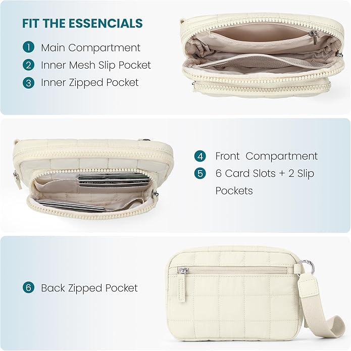 VONAL Wristlet Wallets for Women Nylon Quilted Wallet with 3 Zipper Purse for Travel Credit Card Holder Phone Organizer