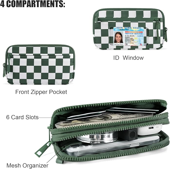 Checkered WristleWallets for Women, RFID Wallet Crossbody with 4 Zippers, Credit Card Holder Cell Phone Organizer