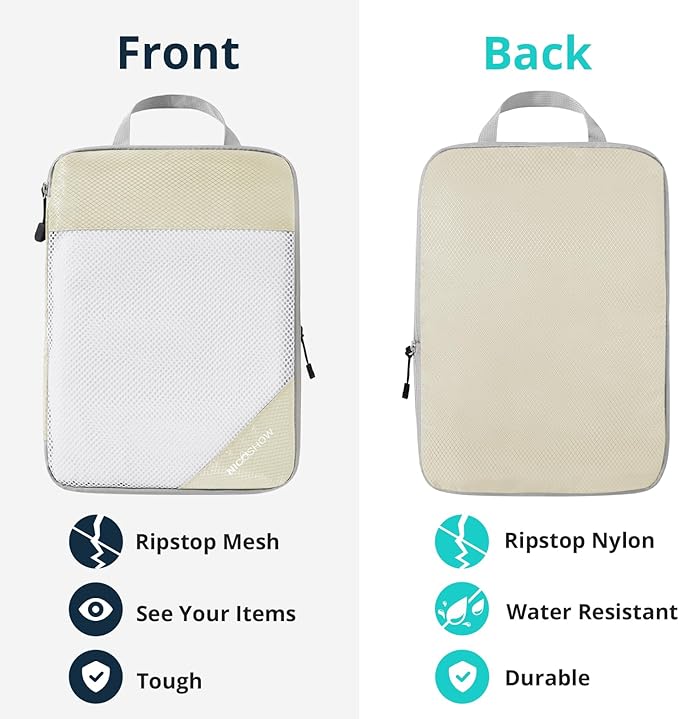 Compression Packing Cubes 6 Set, Compressible Space-Saving Packing Cubes for Travel - Compression Bags, Luggage Organizer, Travel Essentials for Women, Beige