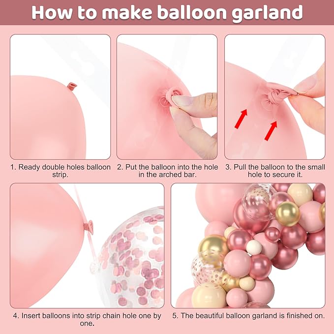 Amandir 153Pcs Boho Blush Balloon Garland Arch Kit, Double-Stuffed Nude Cream Peach Dusty Rose Pink Gold Confetti Metallic Balloon for Valentines Day Baby Shower Birthday Party Wedding Decorations