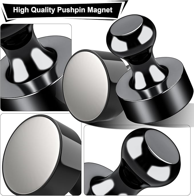 Metallic Magnets, Refrigerator Magnets, 48 Pack Black Magnetic Push Pins, Strong Fridge Magnets, Multi-use Whiteboard Magnets Perfect for Kitchen Office Classroom