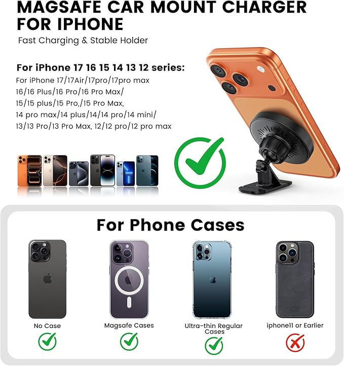 Mag-Safe Car Mount Charger 15W Magnetic Wireless Car Charger for iPhone 17 Accessories Magnetic Phone Holder for Car 3 in 1 Mag Safe Car Mount for iPhone17Pro/16/15/14/13/12 Series Gifts for Men Women