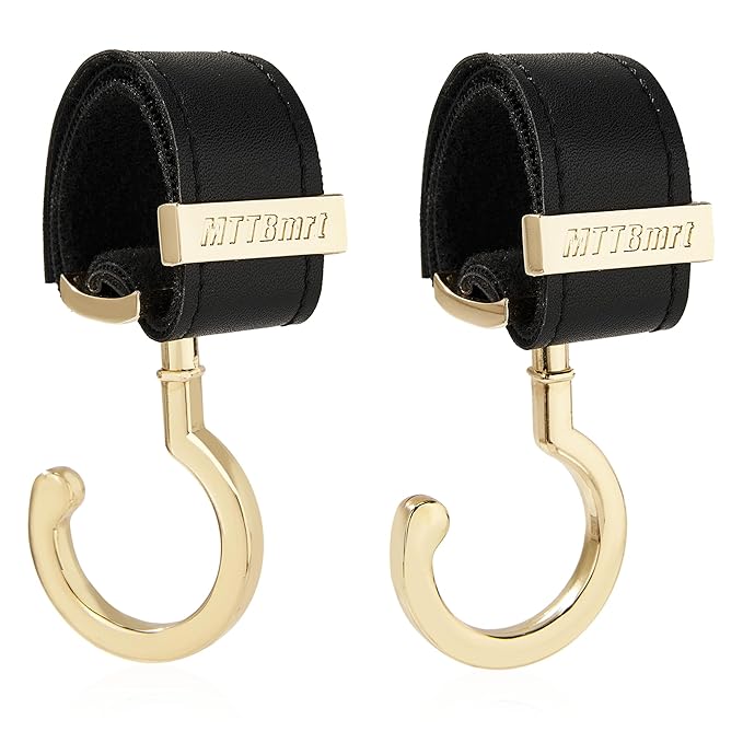 2 Pack Stroller Hooks, Strong Synthetic Leather Hook-and-Loop Fastener & High-Quality Metal Hooks, Universal Bag Clip | 360° Rotation, 66lb Capacity, Non-Slip - Fits Wheelchair (Black-Gold)