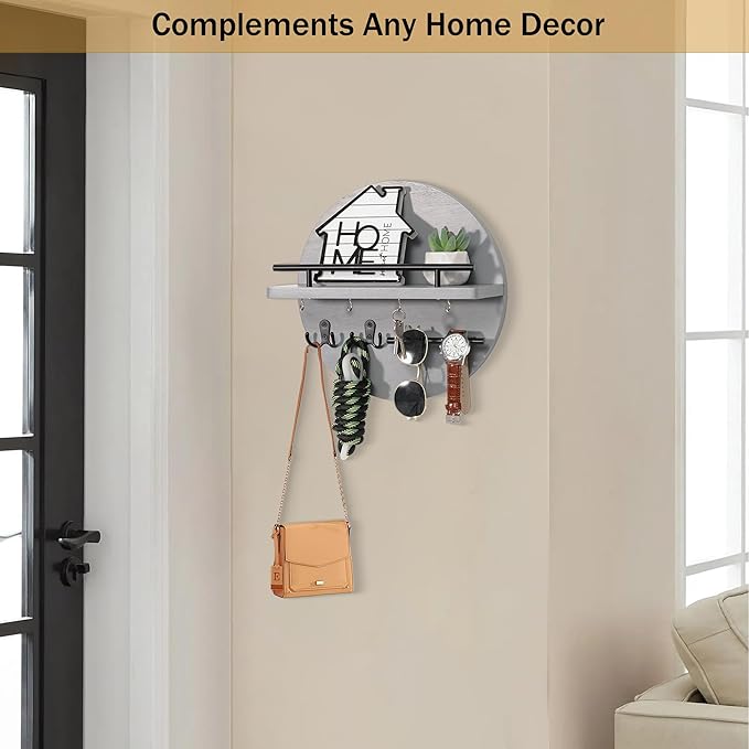 Key Holder for Wall Decorative with Shelf and Hooks, Unique Mail Organizer Wall Mount with Sunglasses Holder, Cute Circular Design Entryway Key Rack Hanger, Rustic Home Decor Boho Wall Decor (grey)