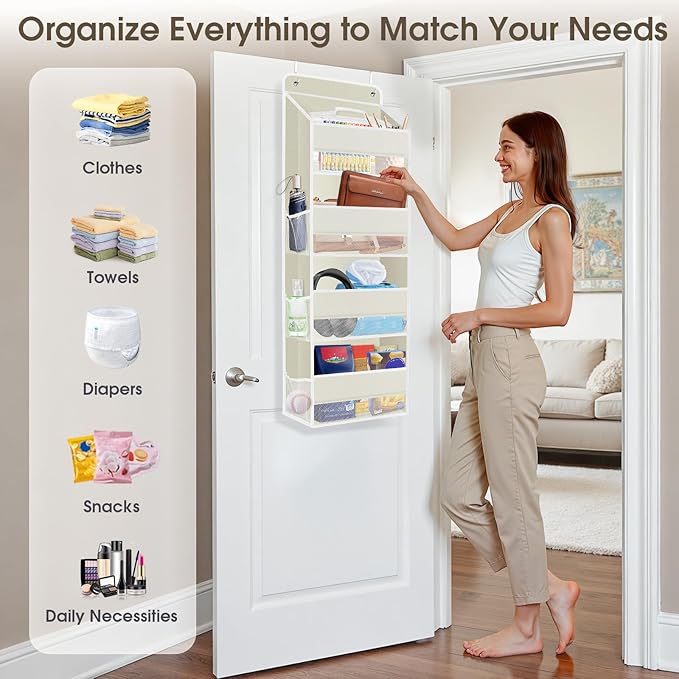 2 Pack Over The Door Organizer, Hanging Storage Organizer with Clear Window, 40lb Ultra Sturdy Large Capacity Room Organizer for Pantry Laundry Bathroom Nursery Closet (Beige)