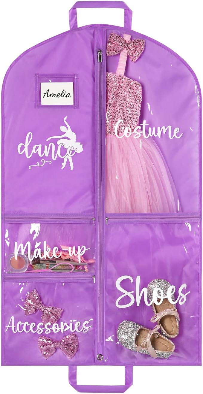 DEEKA Dance Garment Bag for Hanging Clothes with Zipper Pockets Dance Accessories Essentials Uniform Costume 40 Inch Dress Bags for Dance Competition Girls (Purple, White-Dance)