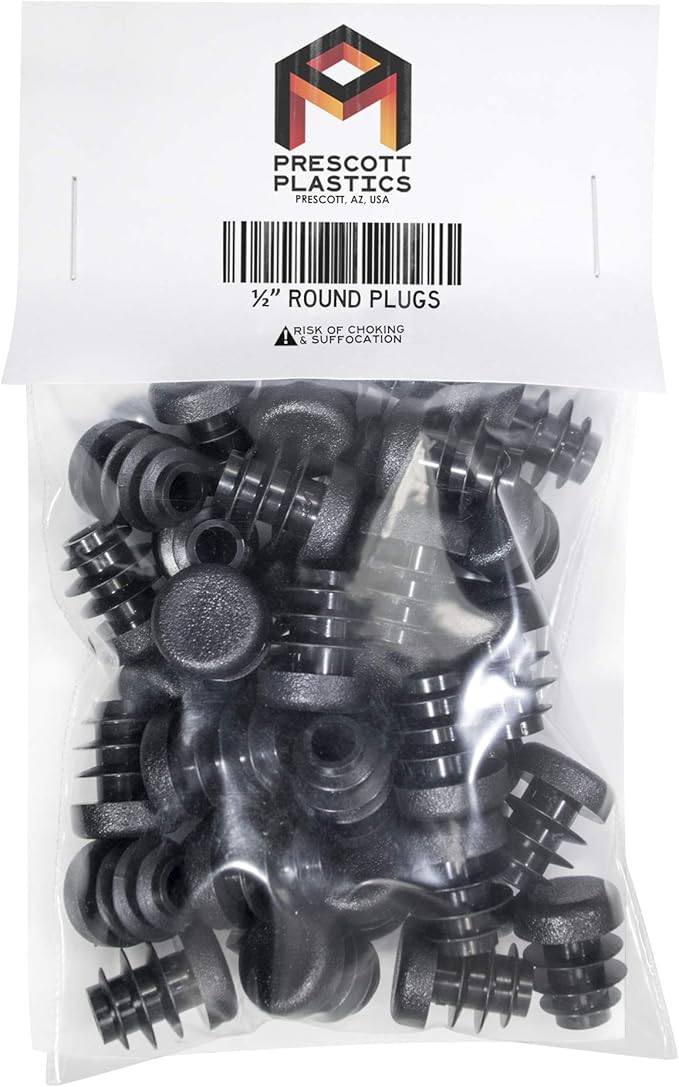 Prescott Plastics 1/2" (12.7mm) Outer Diameter Ribbed Plastic Hole Plugs, Round Black Metal Tubing End Caps, Strong Furniture Leg Inserts, Impact & Weather Resistant, Made in The USA - 50 Pack