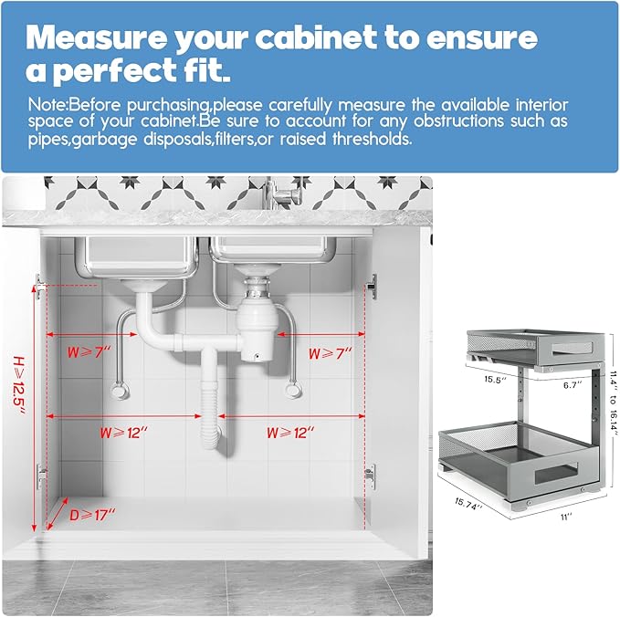 Biboraya 2-Pack Under Sink Storage Organizer, Large 2-Tier Elegant Mesh Pull Out Shelf for Kitchen and Bathroom Cabinet Organization, L-Shaped and Adjustable Height Design-Gun Gray