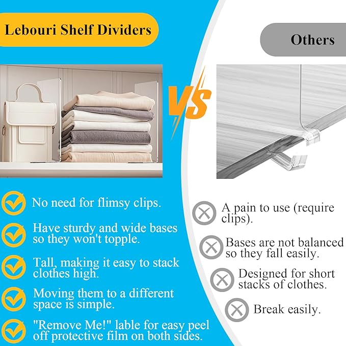 Shelf Dividers for Closet Organization: 12" Tall x 10" Deep Acrylic Closet Shelf Dividers for Clothes Sweater Purse - Free Standing Clear Separators for Shelves