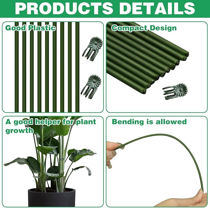 50Pcs Plant Stake Clip Set Green, Plant Sticks Supplies Support Tall, Useful Support Clips, Fine Workmanship Allow Bending Suitable for Various Plant Pots Indoors and Outdoors