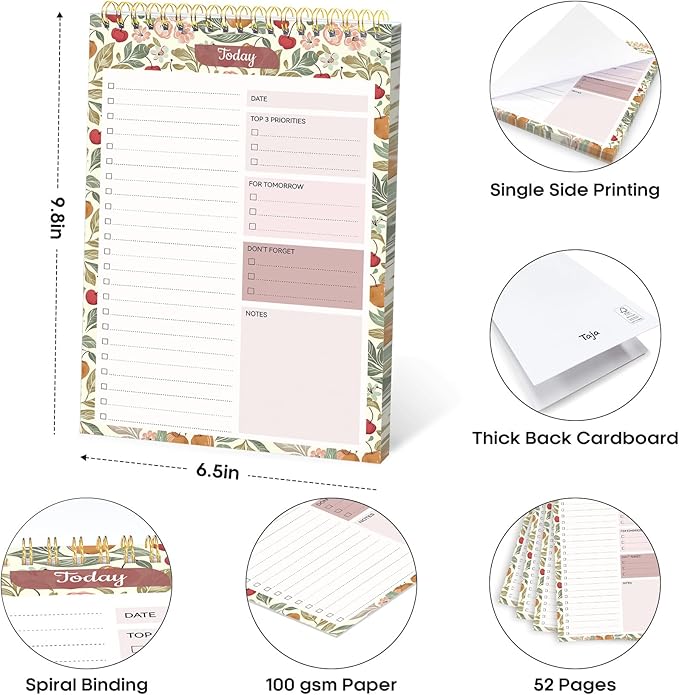 Taja To Do List Notepad - To Do List Notebook for Work with 52 Sheets, Undated Daily Planner Perfect for Daily Tasks and Goal Setting, Notepad Suitable for Office, Home & School - Cherry Orchard
