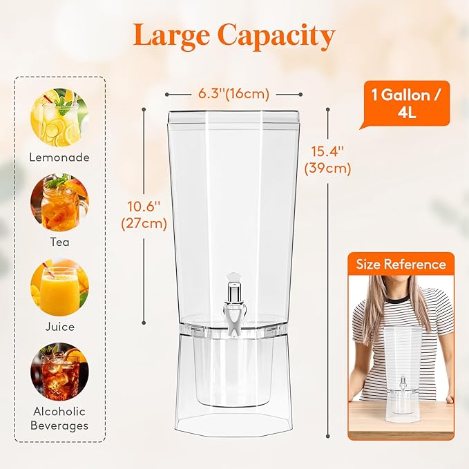 Lifewit 1 Gallon Drink Dispenser for Parties 4 Pcs, 4L Plastic Beverage Container with Stand for Juice/Tea/Soda & Lemonade, Clear Water Pitcher with Spigot for Mimosa Bar Hosting 39 x 16 cm/15x6"