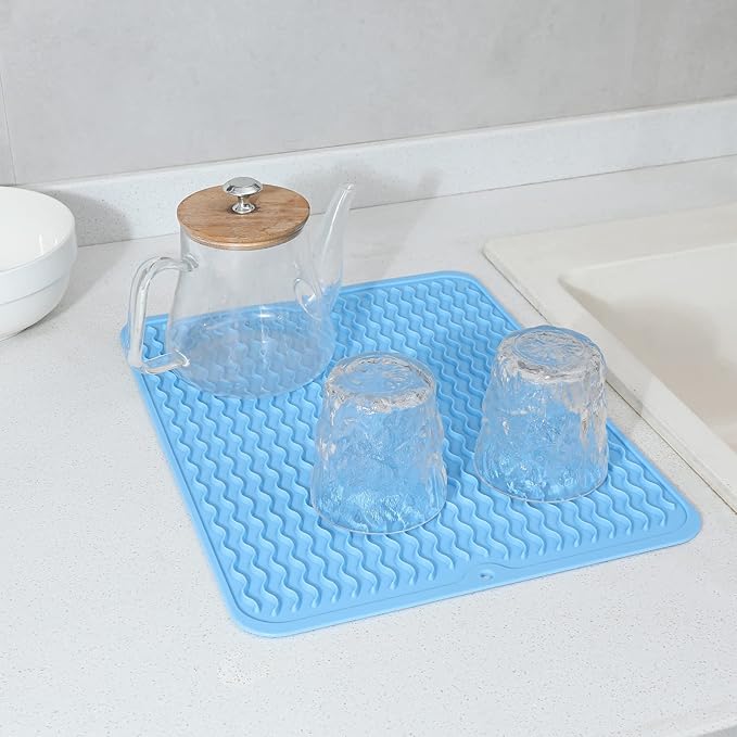 MicoYang Silicone Dish Drying Mat for Multiple Usage,Easy clean,Eco-friendly,Heat-resistant Silicone Mat for Kitchen Counter or Sink,Refrigerator or drawer liner Light Blue L 16 inches x 12 inches