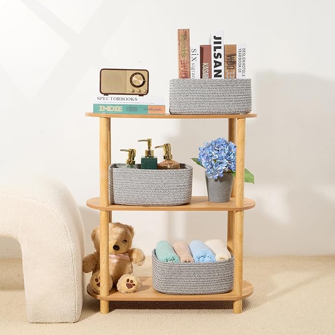 MiniArk Small Storage Baskets for Organizing | Closet Organizer Bins | Shelf Toy Basket | Woven Rope Baskets | Cube Decorative Box | Shallow Basket | 11.5x7.5x4.7” | 3 Packs Mixed Grey