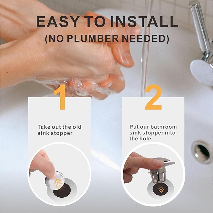 2 Pack Brushed Nickel Bathroom Sink Stopper Pop Up, Wellup 2-in-1 Bathroom Sink Drain Stopper for 1 1/8"-1 1/2" Sink Drain Hole, Universal Sink Stopper Strainer with Hair Catcher