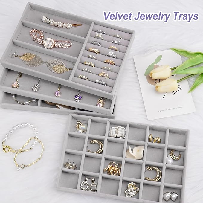 Cirhy 4 Stackable Jewelry Trays Organizer Set for Drawer, Jewelry Organizers and Display Case Storage, Velvet Drawer Inserts Organizer for Necklace Bracelets Earrings Organizer, Gift For Her, Grey