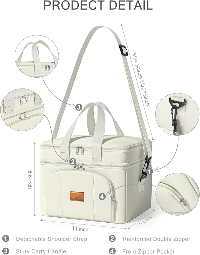 Rnivvi Lunch Box for Women, Double Decker Insulated Cooler Bag Lunch Bag Reusable Leakproof Tote Lunch Container with Strap for Work Family Picnic Hiking Camping, 18 Cans 12L, Large Adults, White