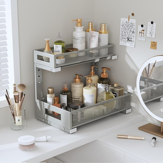 Biboraya 2-Pack Under Sink Storage Organizer, Large 2-Tier Elegant Mesh Pull Out Shelf for Kitchen and Bathroom Cabinet Organization, L-Shaped and Adjustable Height Design-Gun Gray