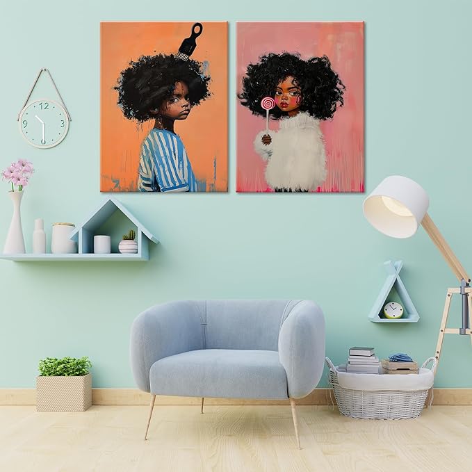 Black Kids Wall Art - Afro American Children Canvas Prints, Modern African American Portrait Paintings for Girls Bedroom, Cute Black Girl Nursery Art, Cultural Wall Decor， Framed12 x 16inches X2piece