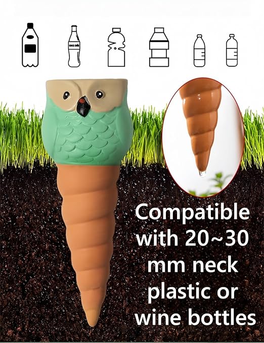 Qinsuikai 4 Pack Plant Watering Devices, Animal Shape Terracotta Watering Spikes, Vacation Self Watering Planter Insert, Automatic Plant Waterer for Indoor Outdoor Plants (Owl-Grey Eye)
