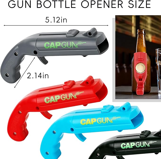 Cap Gun Bottle Opener, 4 Pack Bottle Cap Launcher Shooting Guns, Ultimate Party Opener Set for Adults, Cool Gadget Gifts for Men
