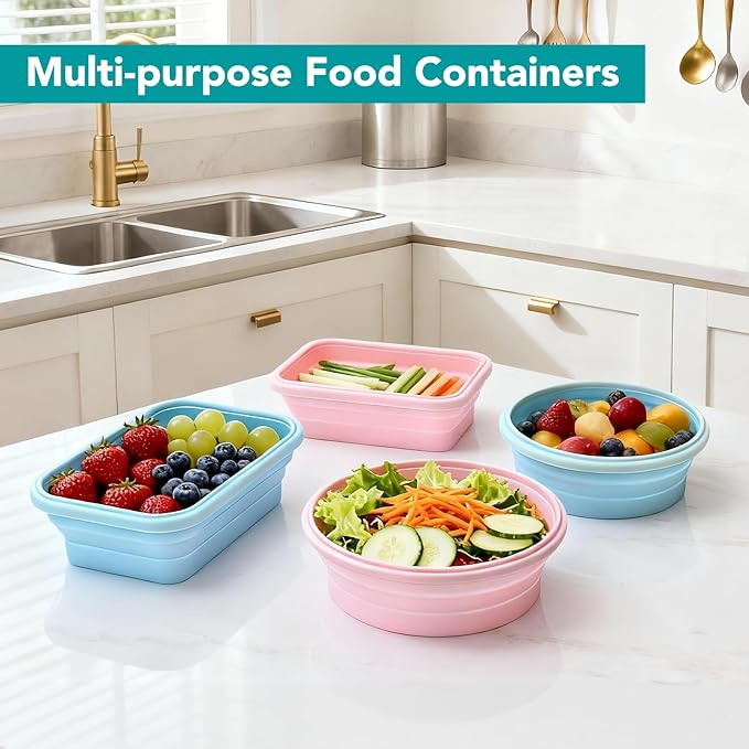 4 Pack Collapsible Storage Containers with Lids, Reusable Silicone Food Containers Set for Kitchen & Dining, Space Saving Collapsible Bowls for Travel, Camping, Easy Storage