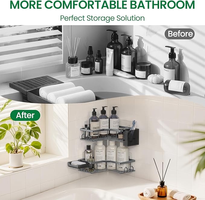 Adhesive Shower Caddy, 4 Pack Corner Bath Organizer, Rustproof Stainless Steel Shower Shelves with Large Capacity, No-Drill Shelves for Bathroom Storage, Home, Kitchen Decor (Dark Grey).